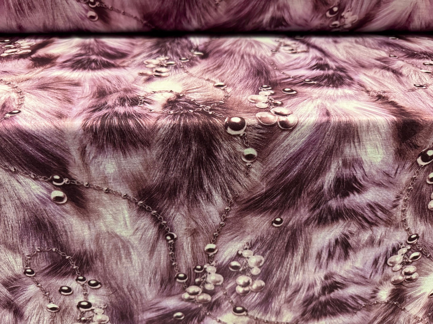 Soft handle single jersey fabric, per metre - pearls & fur print - purple