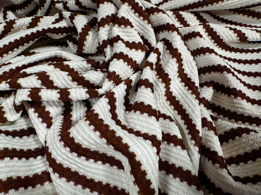 Stretch double jersey fabric, per metre - stripe jacquard - brown & white