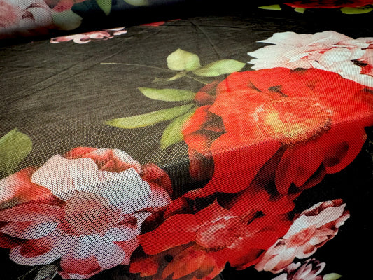 Power mesh net stretch spandex fabric, per metre - English Rose print - black & red