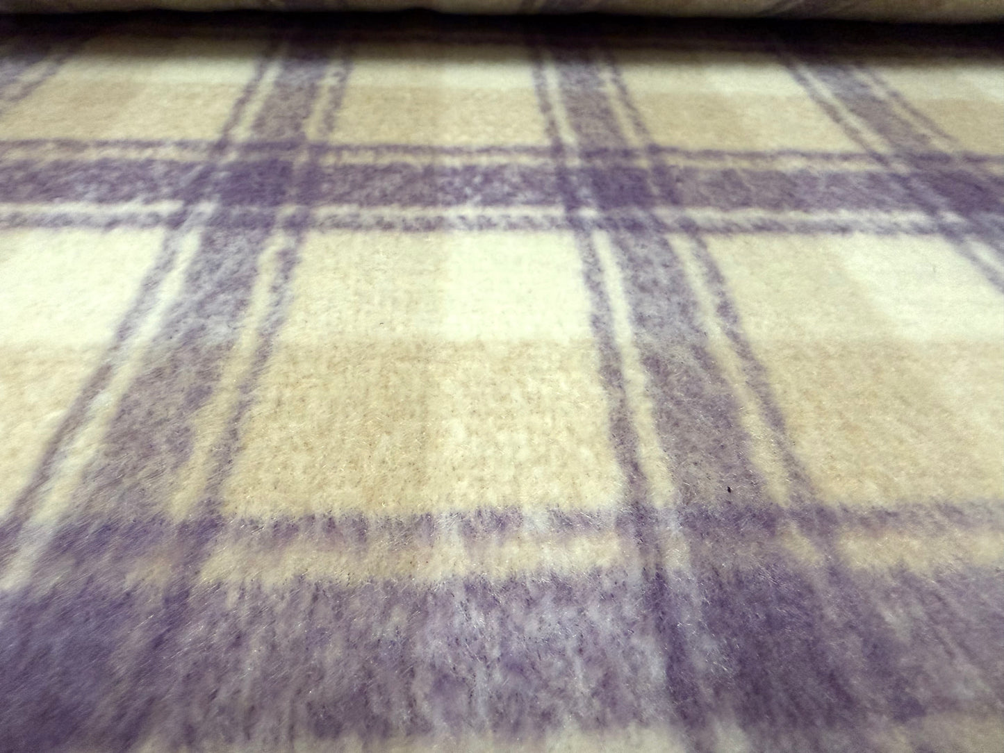 Wool faux fur fabric, per metre - check - lavender cream & beige