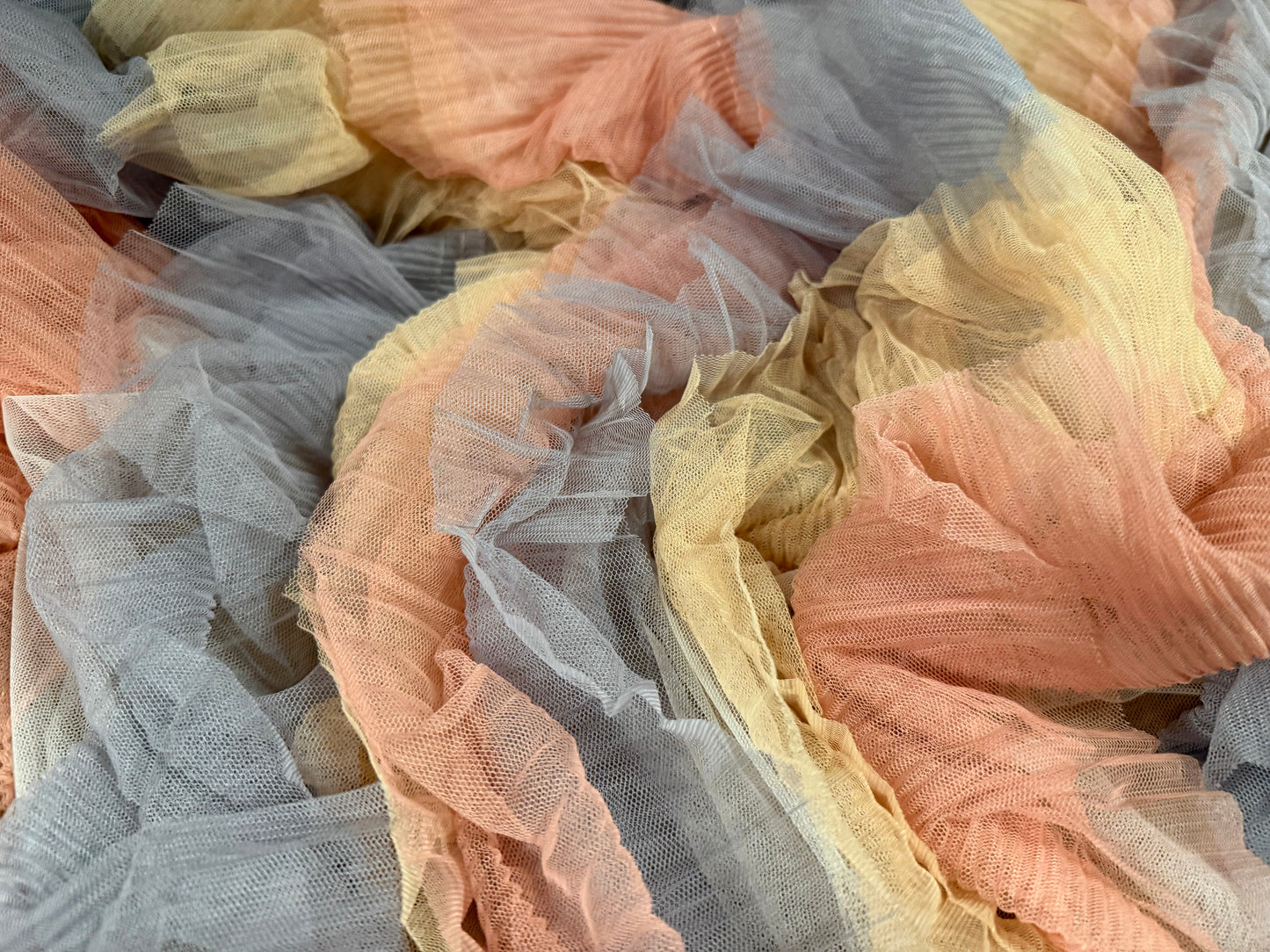 Layered tulle mesh net fabric, per metre - stripe - navy, peach, gold & lavender grey
