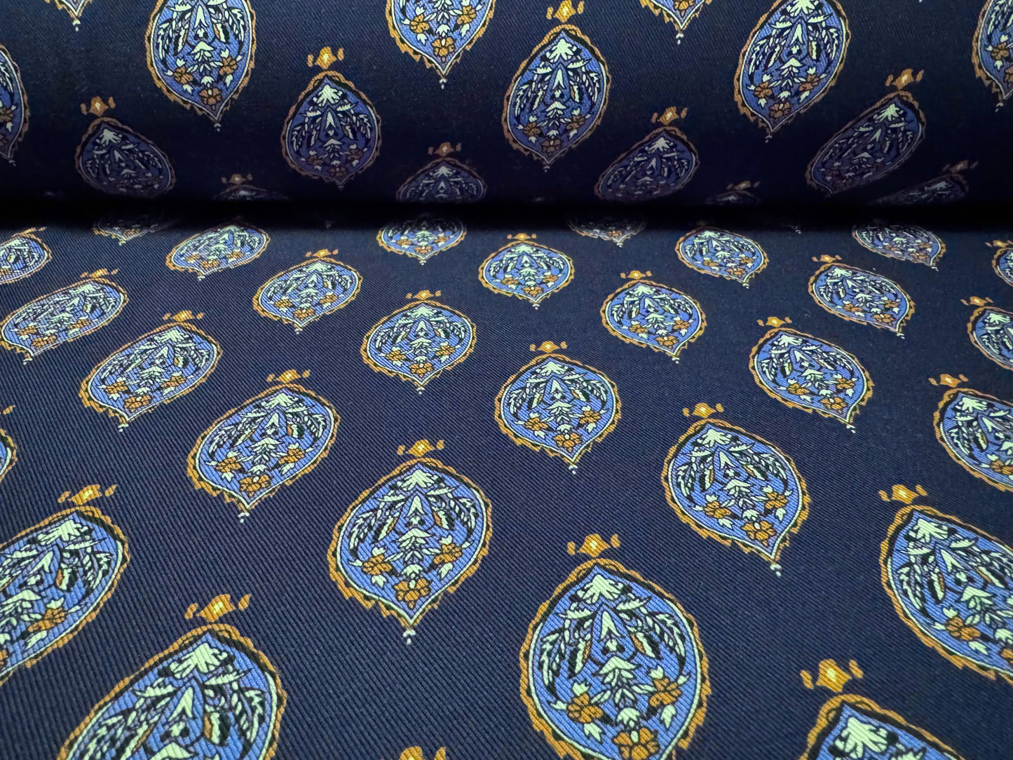 Marocain woven viscose dress fabric, per metre - Arabesque print - navy blue