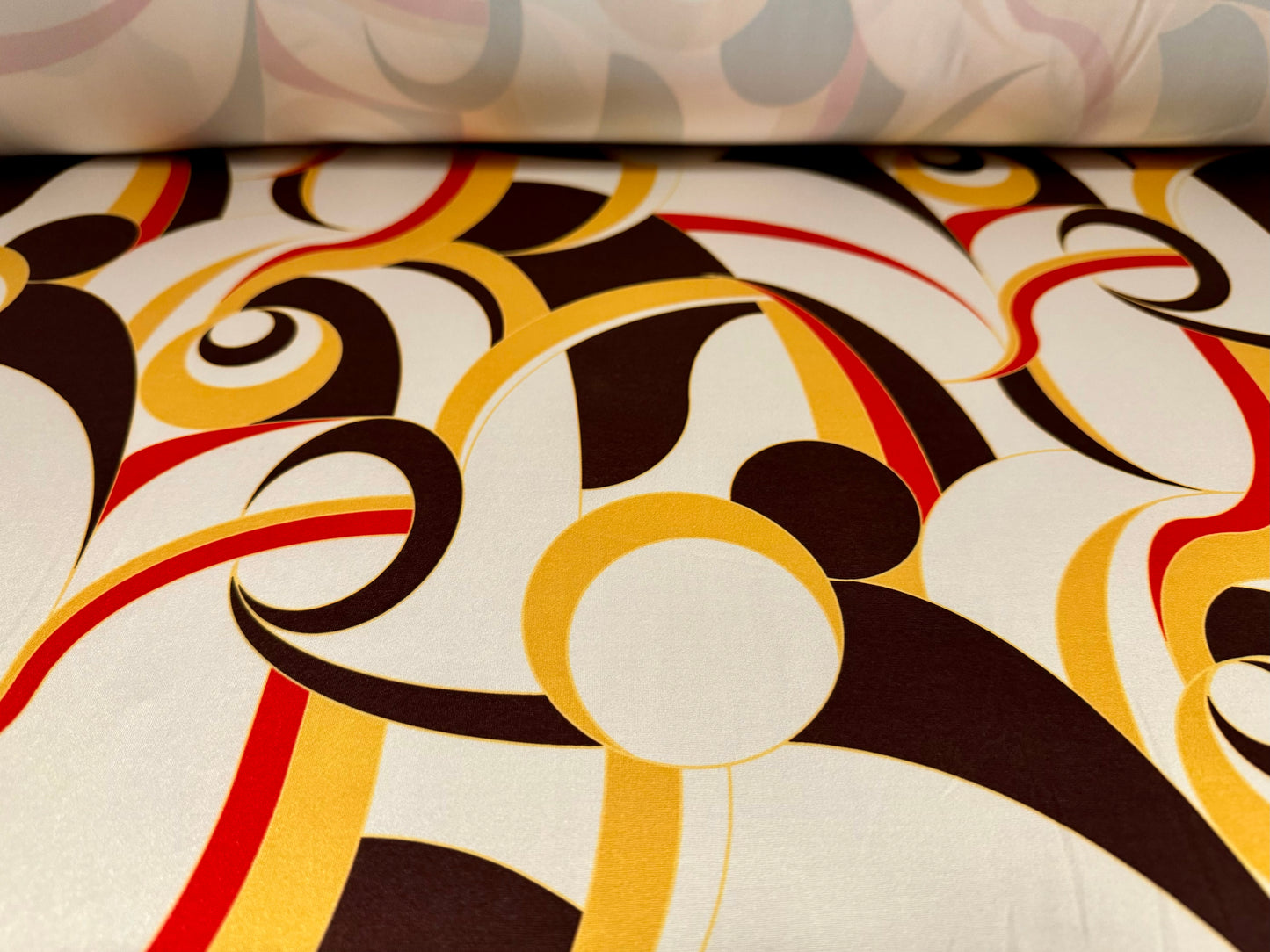 Soft touch stretch spandex single jersey fabric, per metre - 60s Soho Chic print - cream gold & red