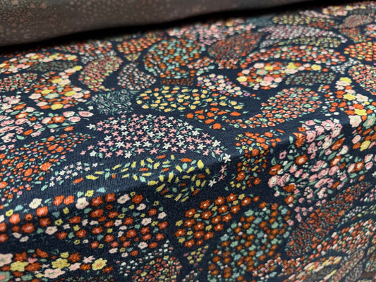 Viscose spandex stretch single jersey fabric, per metre - ditsy paisley print - navy & pink