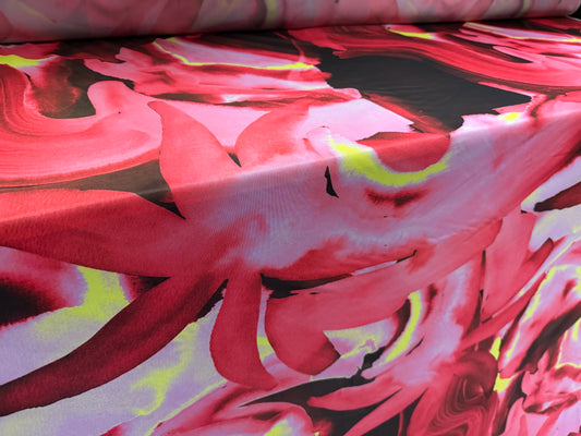 Power mesh net stretch spandex fabric, per metre - brush stroke lily print - cerise & lime