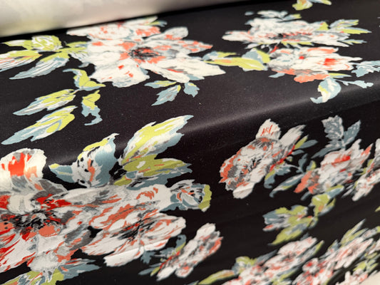 Scuba stretch spandex double jersey fabric, per metre - lily print - black white & peach