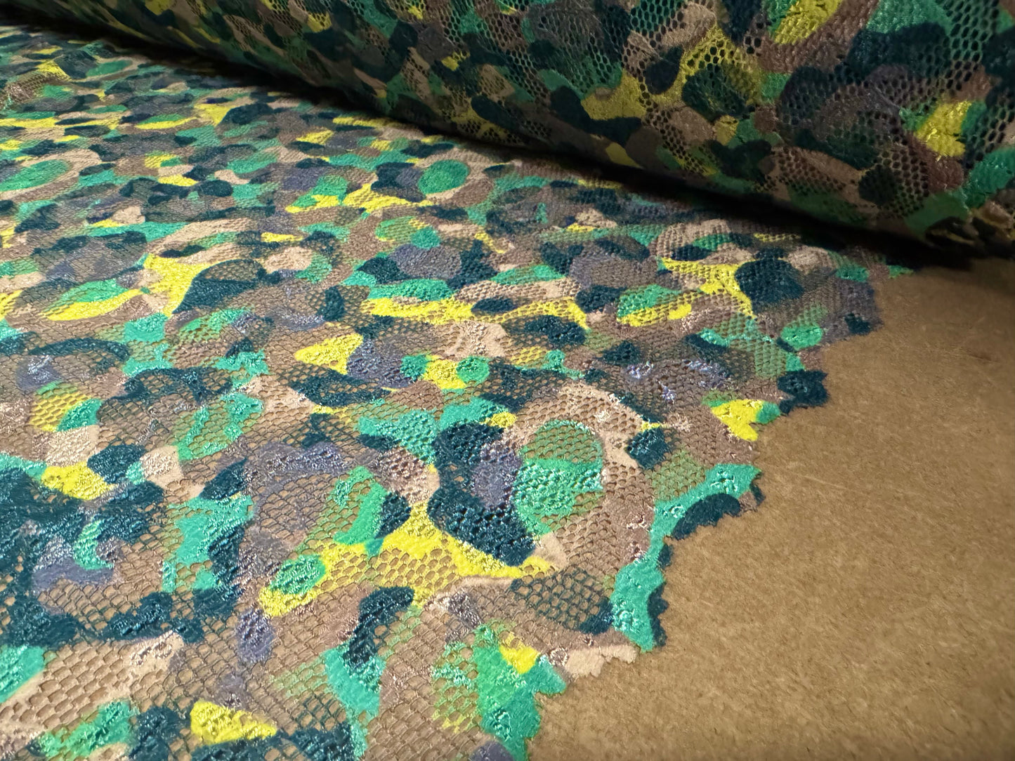 Stretch spandex lace fabric, per metre - stylised animal print - green & yellow