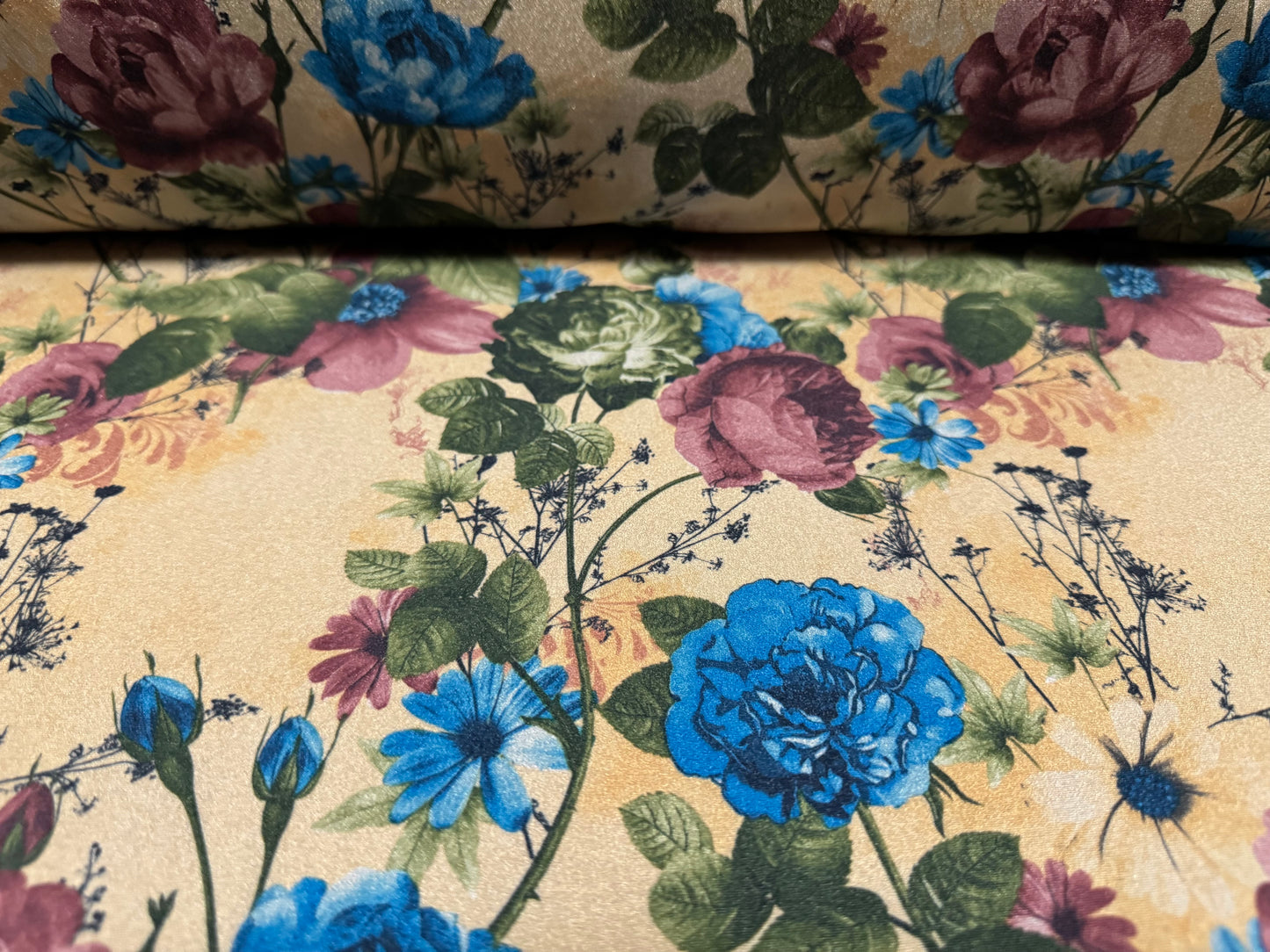 Swimwear stretch spandex jersey fabric, per metre - wild rose print - old gold, cobalt & magenta