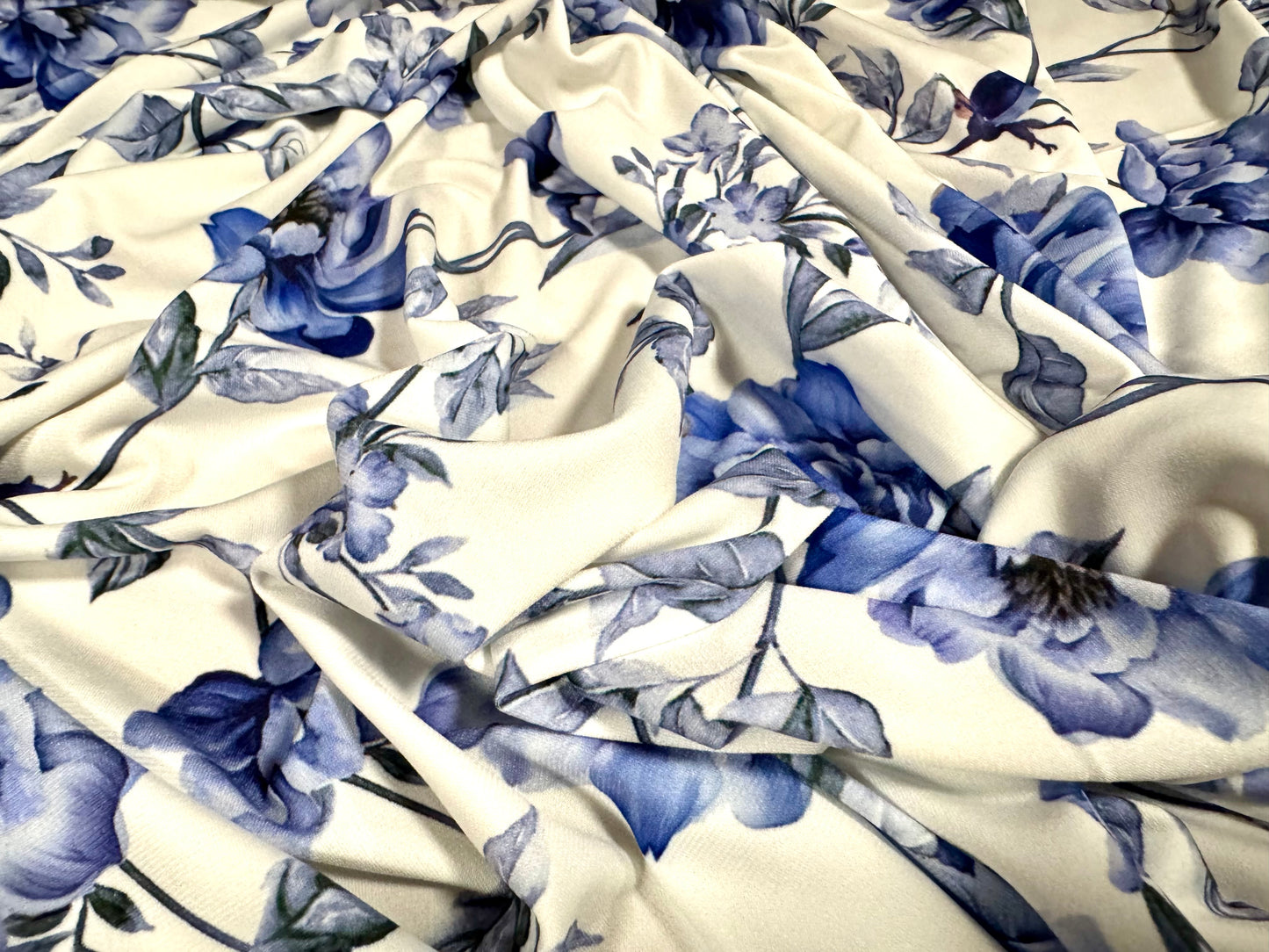 ITY stretch spandex single jersey fabric, per metre - rose print - blue & white