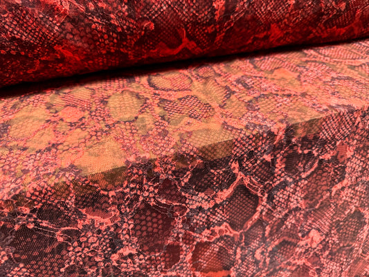 Stretch spandex mesh lace fabric, per metre - snakeskin animal print - coral pink