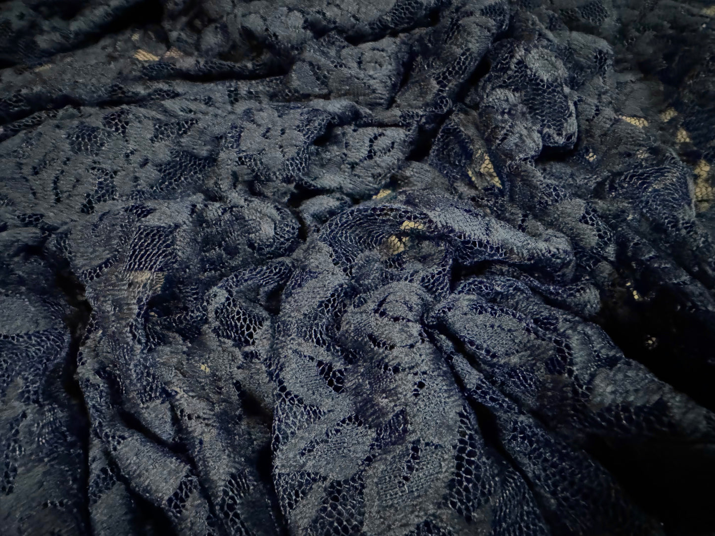 Soft stretch lace fabric, per metre - scalloped selvedge - floral rose - dark navy blue