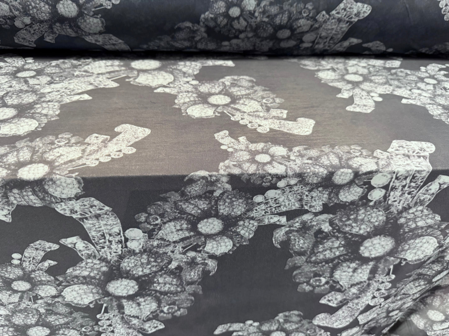 Power mesh net stretch spandex fabric, per metre - stylised flower print - blue-grey