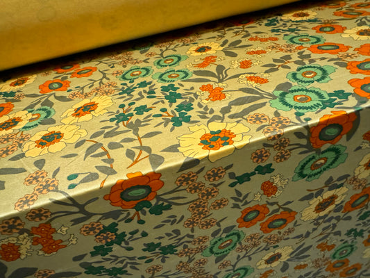 ITY stretch spandex single Jersey fabric, per metre - floral print - saffron orange & turquoise