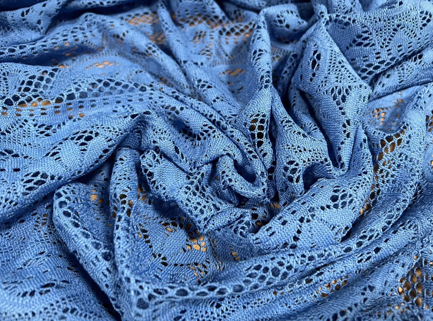 Soft handle crochet lace knit fabric, per metre - blue