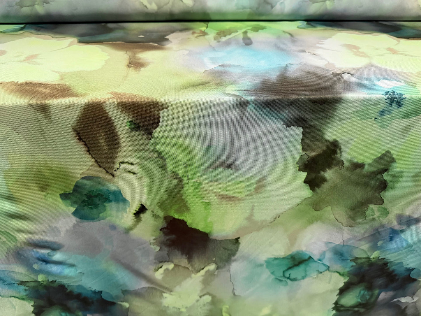 Power mesh net stretch spandex fabric, per metre - ink wash floral print - green & blue