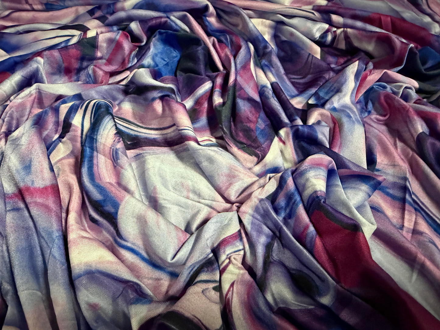 Soft touch stretch spandex single jersey fabric, per metre - abstract print - navy burgundy & pink