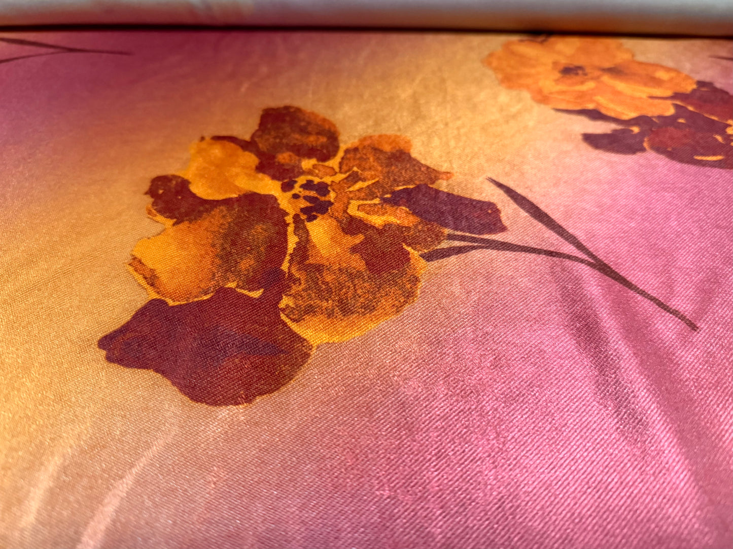 Stretch spandex satin jersey fabric, per metre - blossom print - magenta & gold