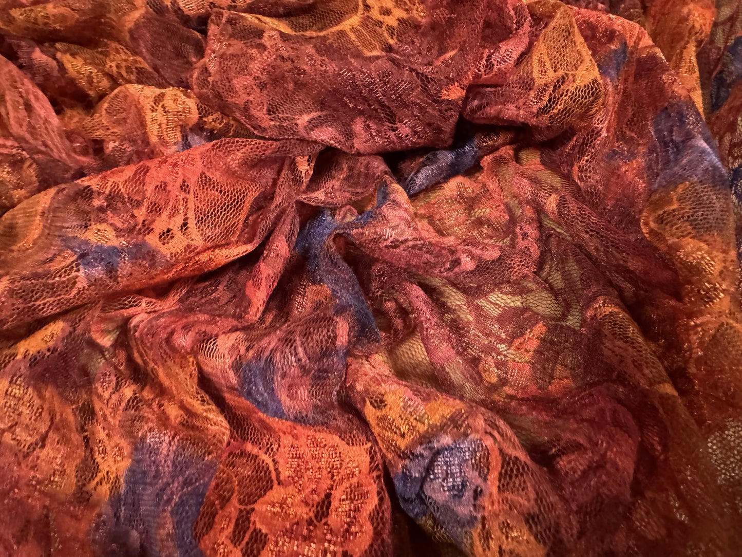 Stretch spandex mesh lace fabric, per metre - flower print - burnt orange, wine & blue