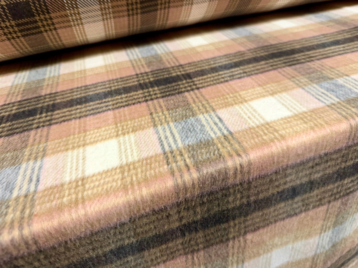 Wool flannel fabric, per metre - tartan check - dusky pink & caramel