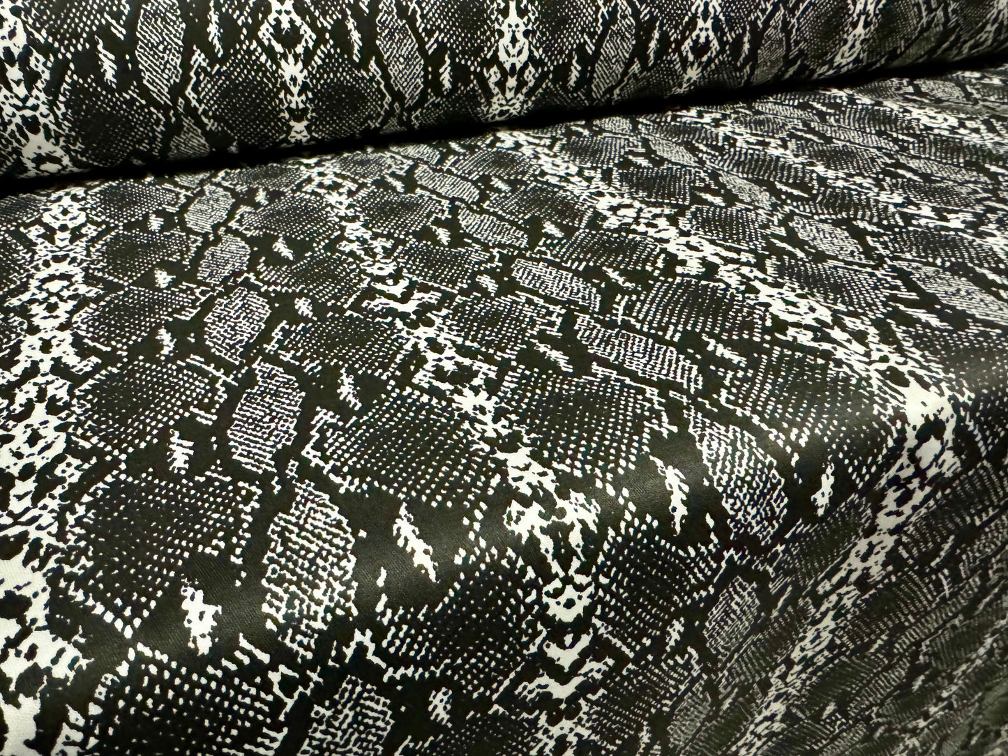 Stretch cotton twill woven fabric, per metre - snakeskin print - black & white