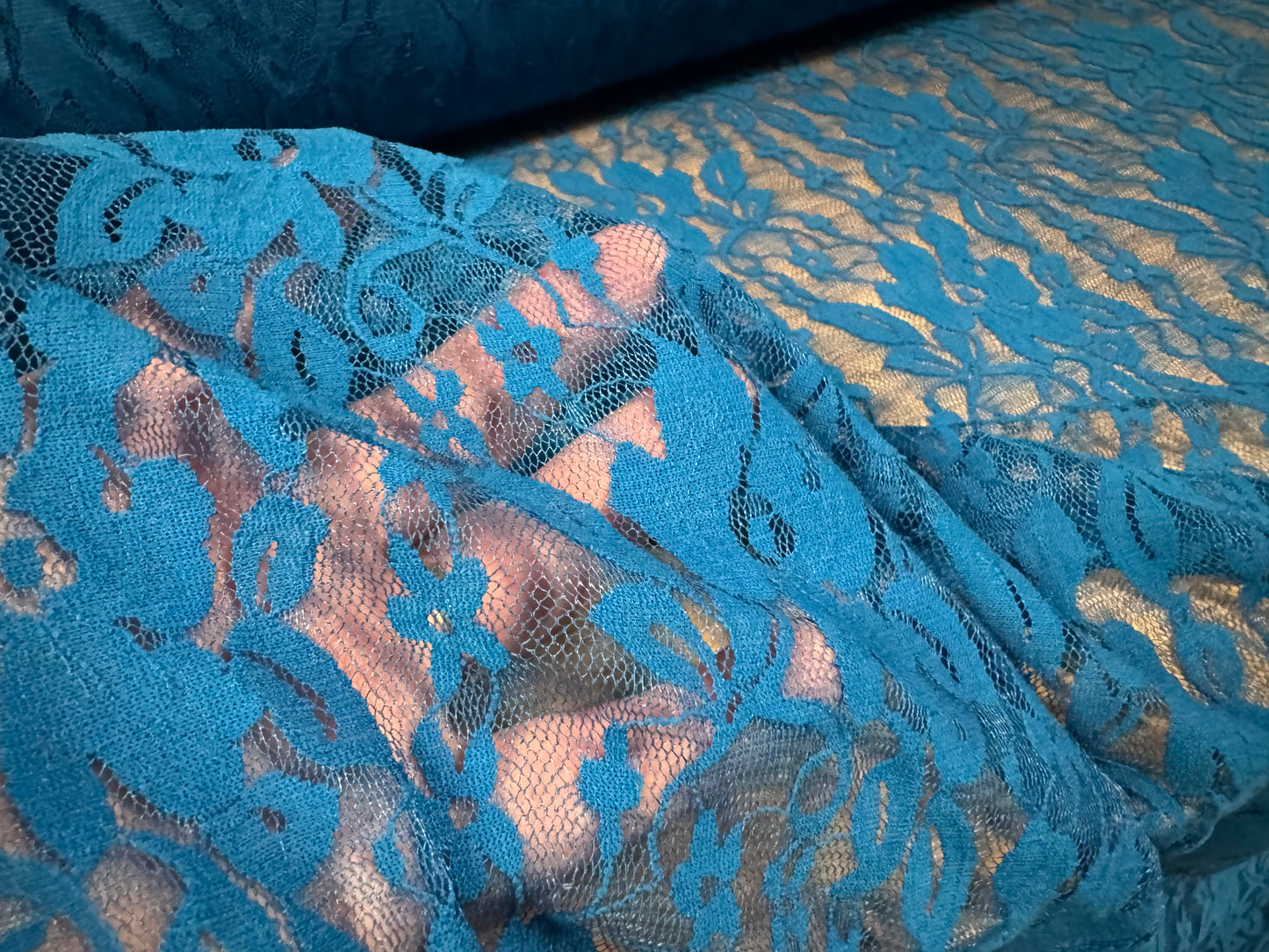 Stretch spandex mesh lace net fabric, per metre - floral pattern - deep turquoise blue