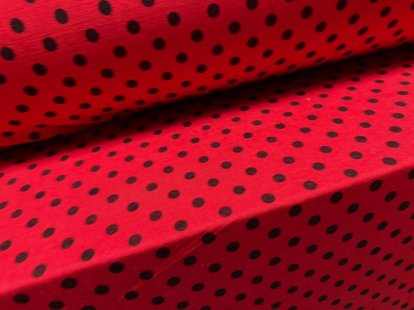 Finely textured stretch spandex single jersey fabric, per metre - ladybug print - red & black spot