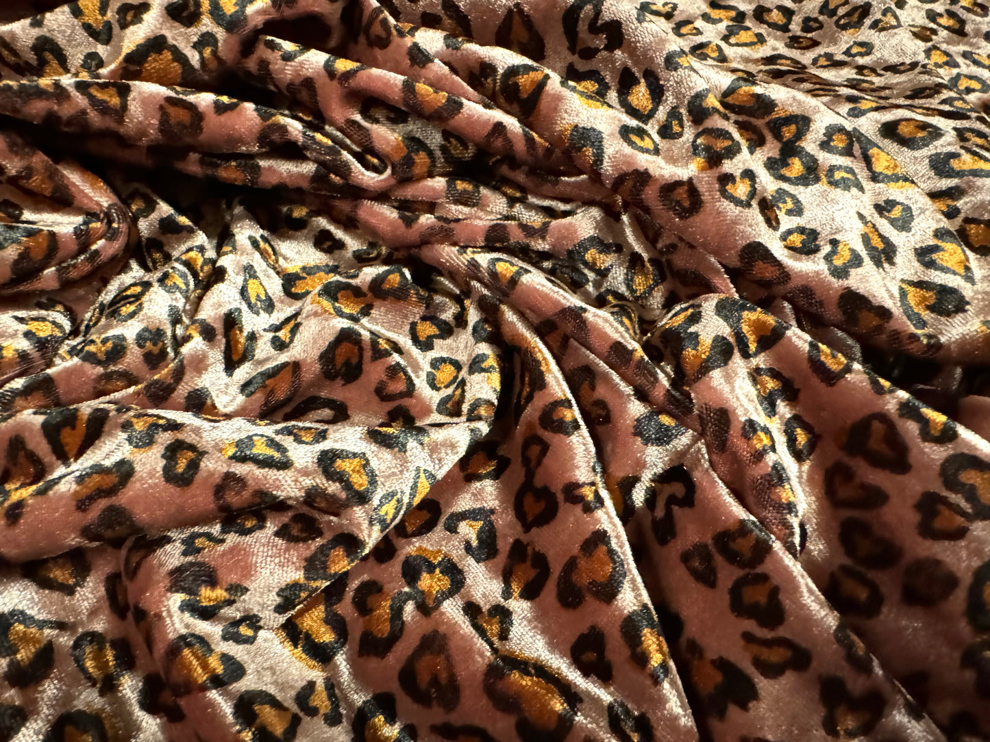 Spandex velvet stretch dress fabric, per mere - leopard print - dusky pink & gold