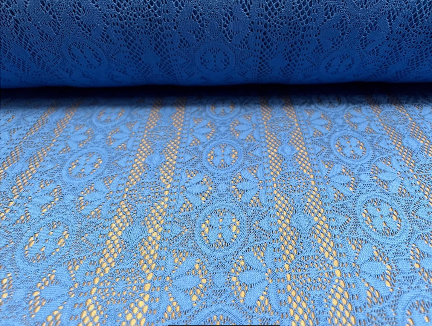 Soft handle crochet lace knit fabric, per metre - blue