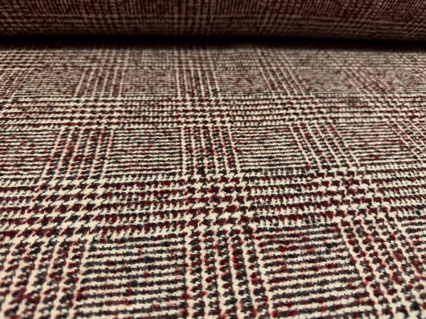Wool blend bouclé coat jacket fabric, per metre - check design - black & wine