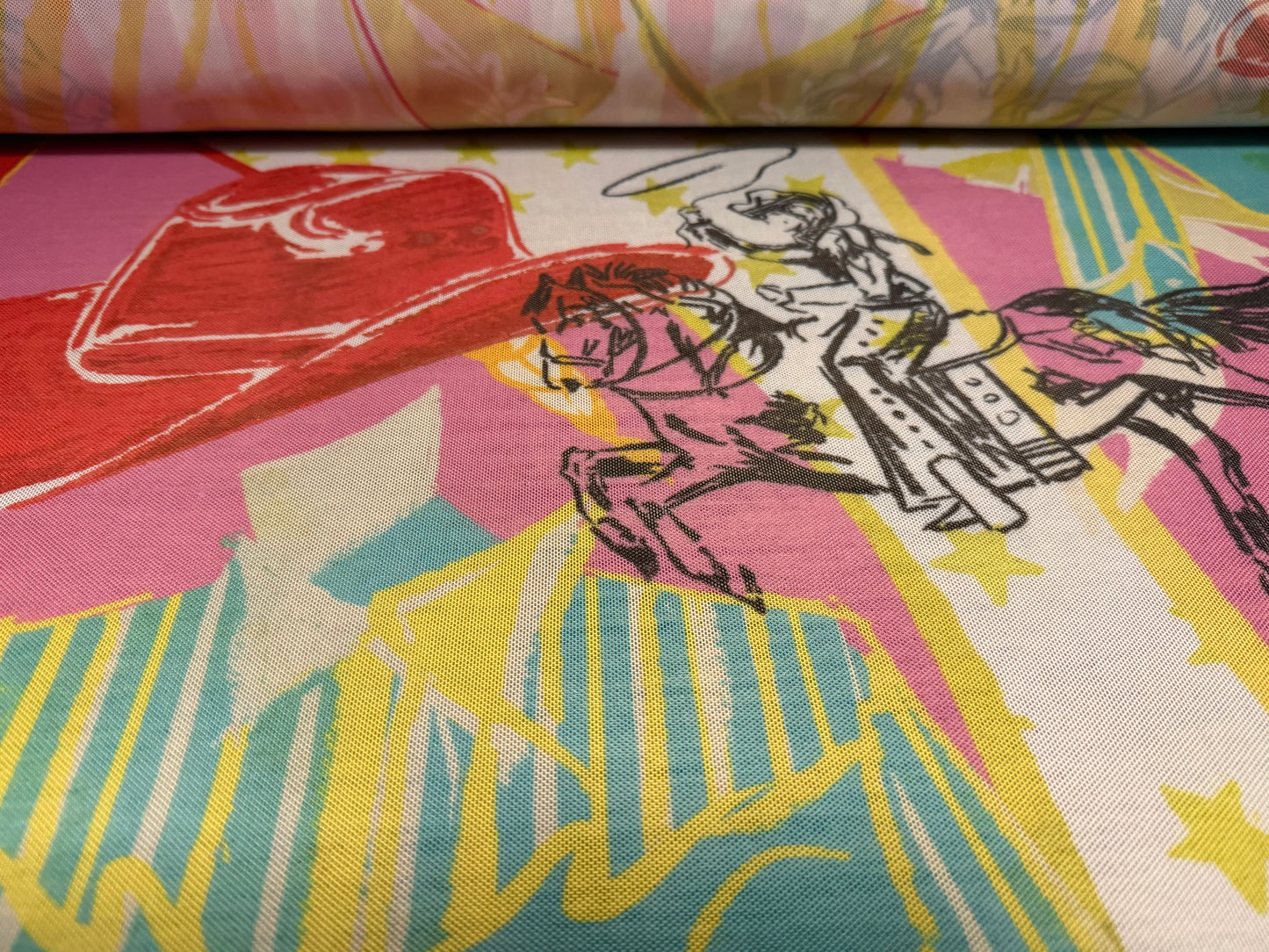 Power mesh net stretch spandex fabric, per metre - cowgirl rodeo print - multicolour