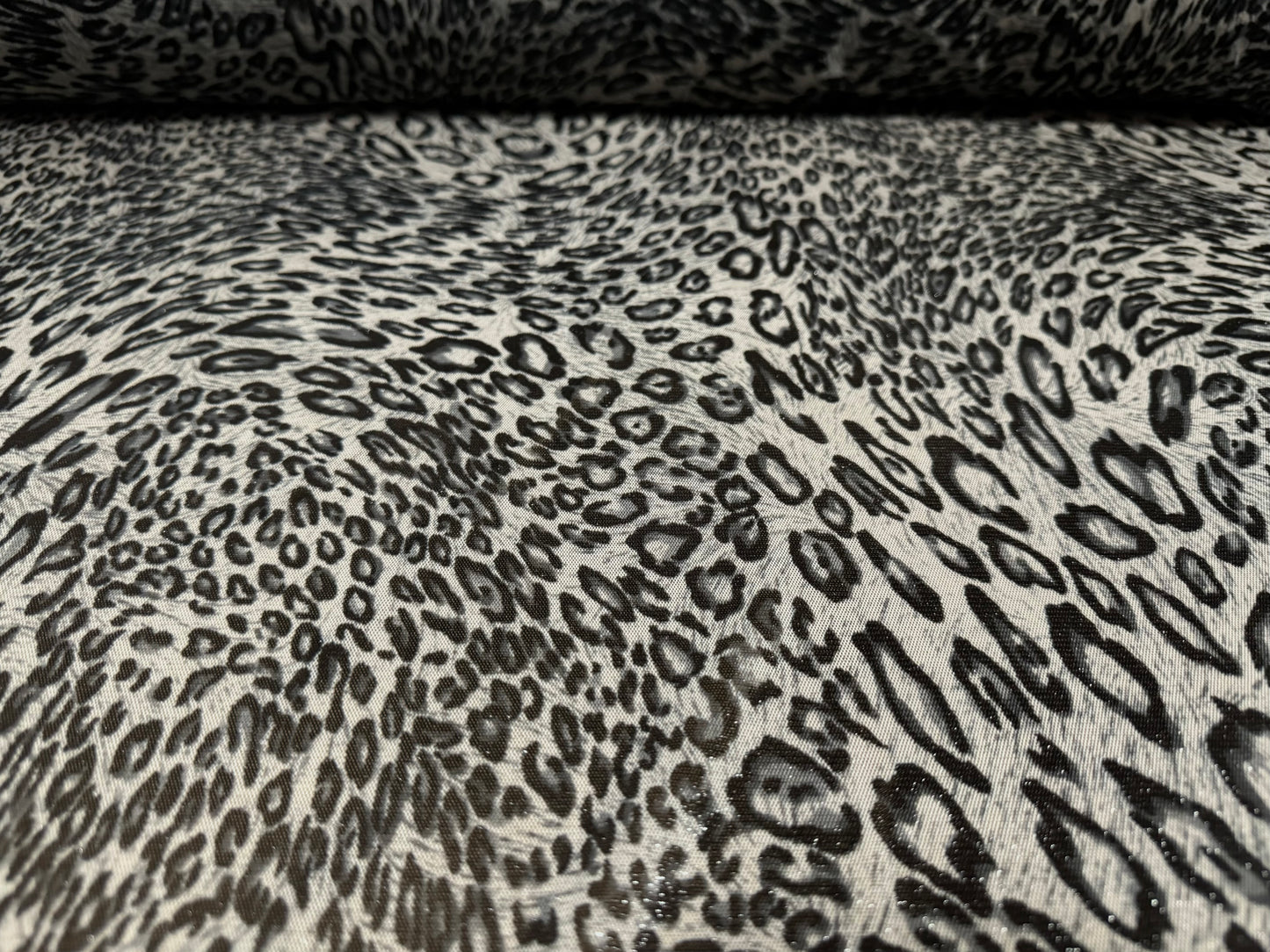 Metallic power mesh net sheer stretch spandex fabric, per metre - stylised leopard print - grey & silver