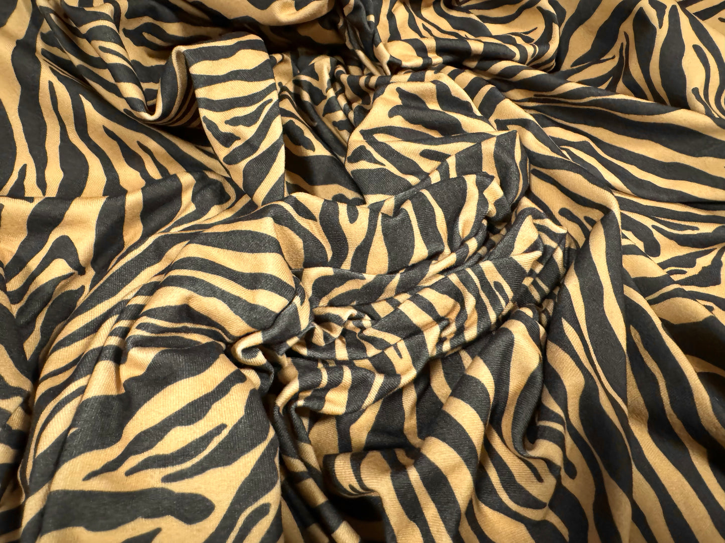 DTY stretch spandex single jersey fabric, per metre - zebra animal print - light brown