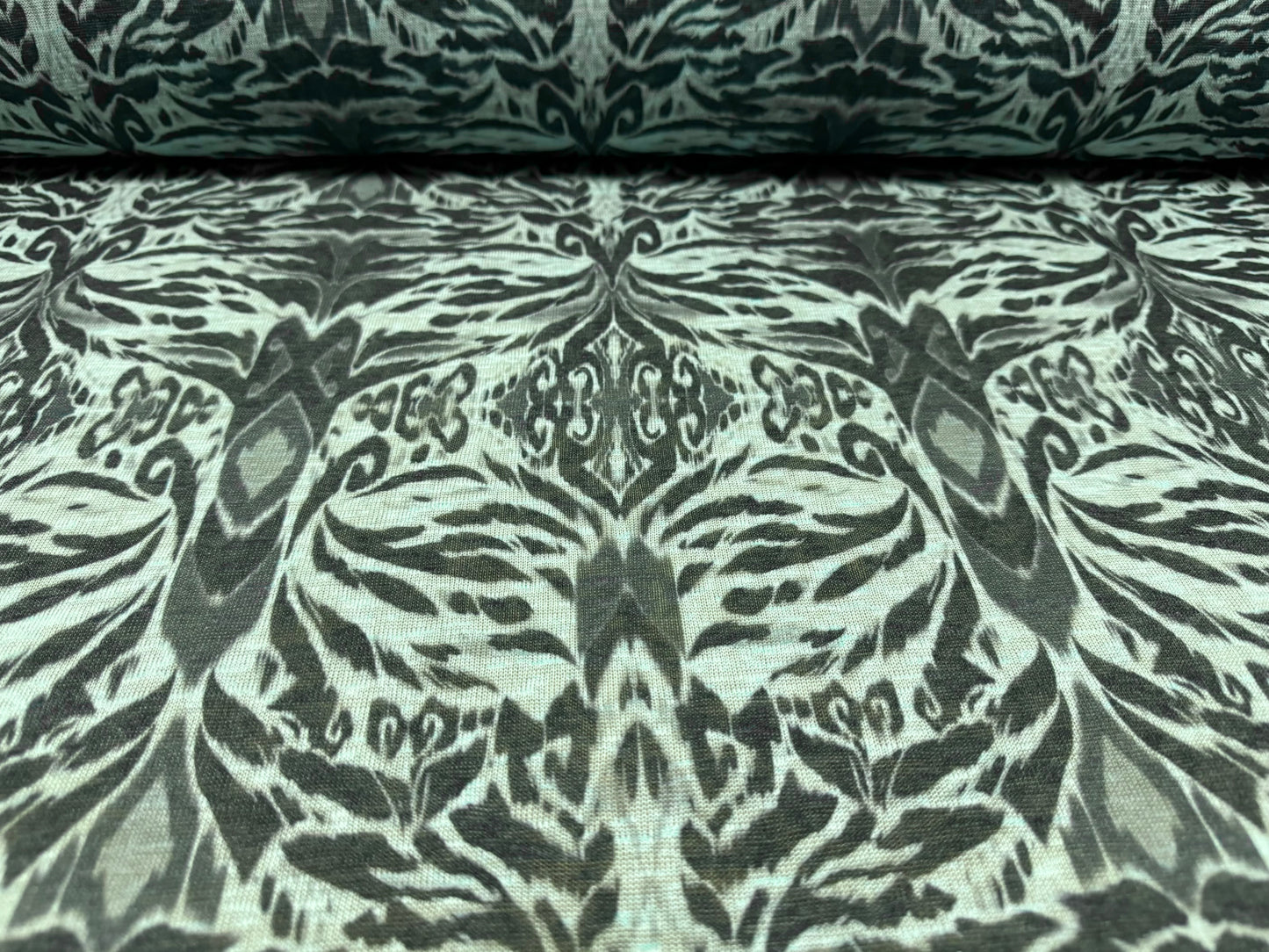 Thick & thin single jersey fashion fabric, per metre - psychedelic damask print - aqua