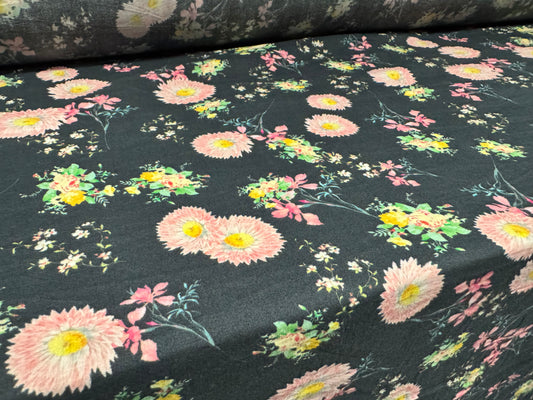 Viscose challis woven dress fabric, per metre - floral print - charcoal & pink