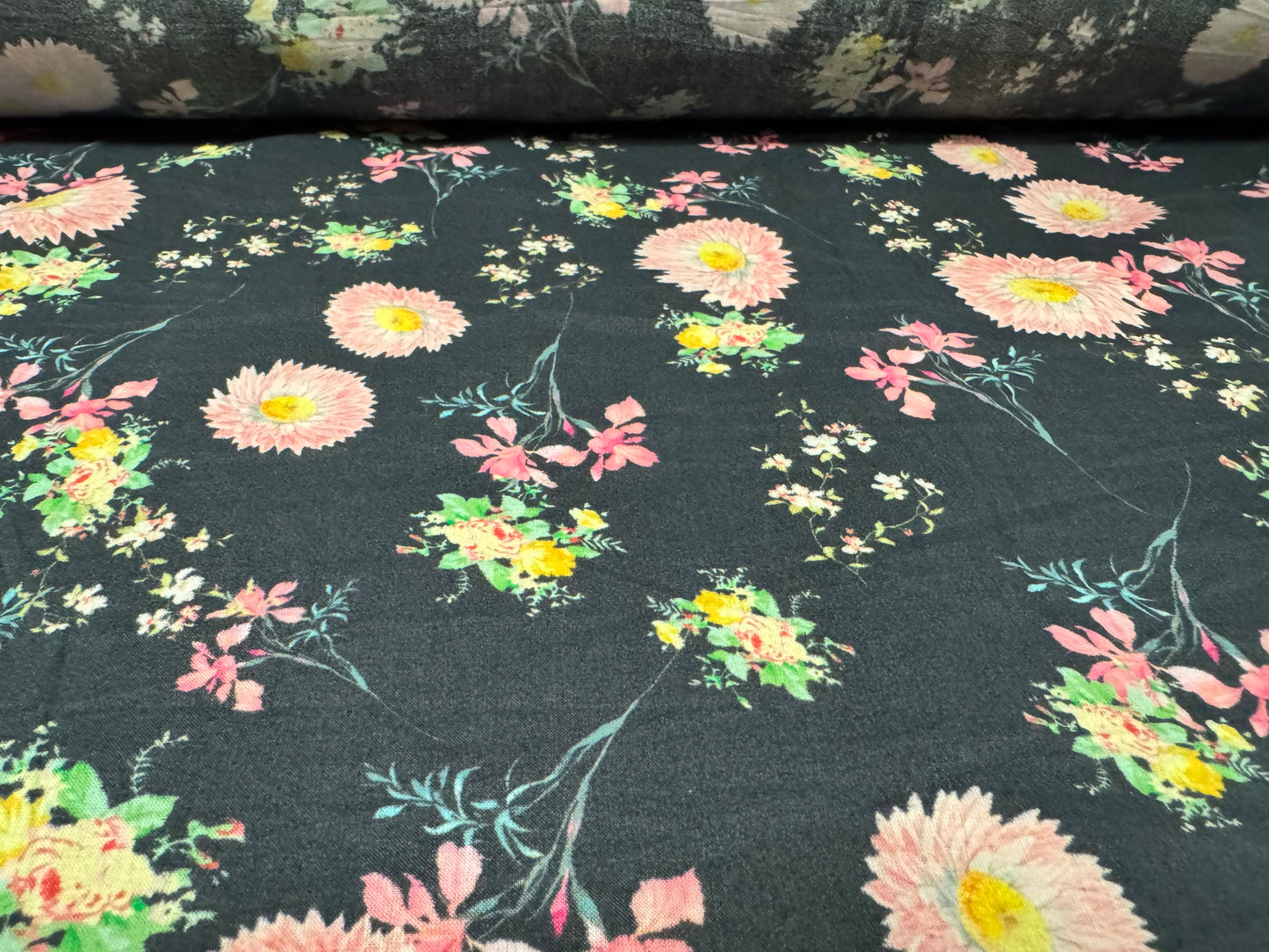 Viscose challis woven dress fabric, per metre - floral print - charcoal & pink