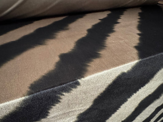 Spandex velvet stretch dress fabric, per metre - diagonal smudge print - taupe & black