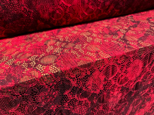 Stretch lace dress fabric with scalloped selvedge, per metre - floral print - red & black