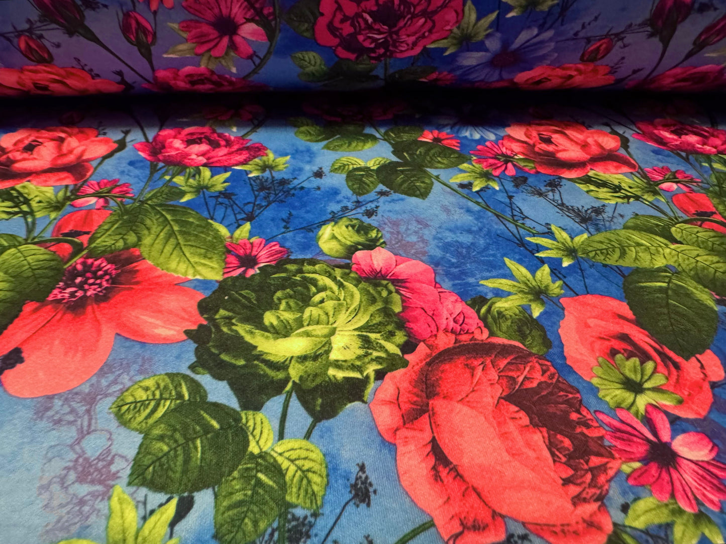 Scuba stretch spandex double jersey dress fabric, per metre - rose floral print - blue & pink