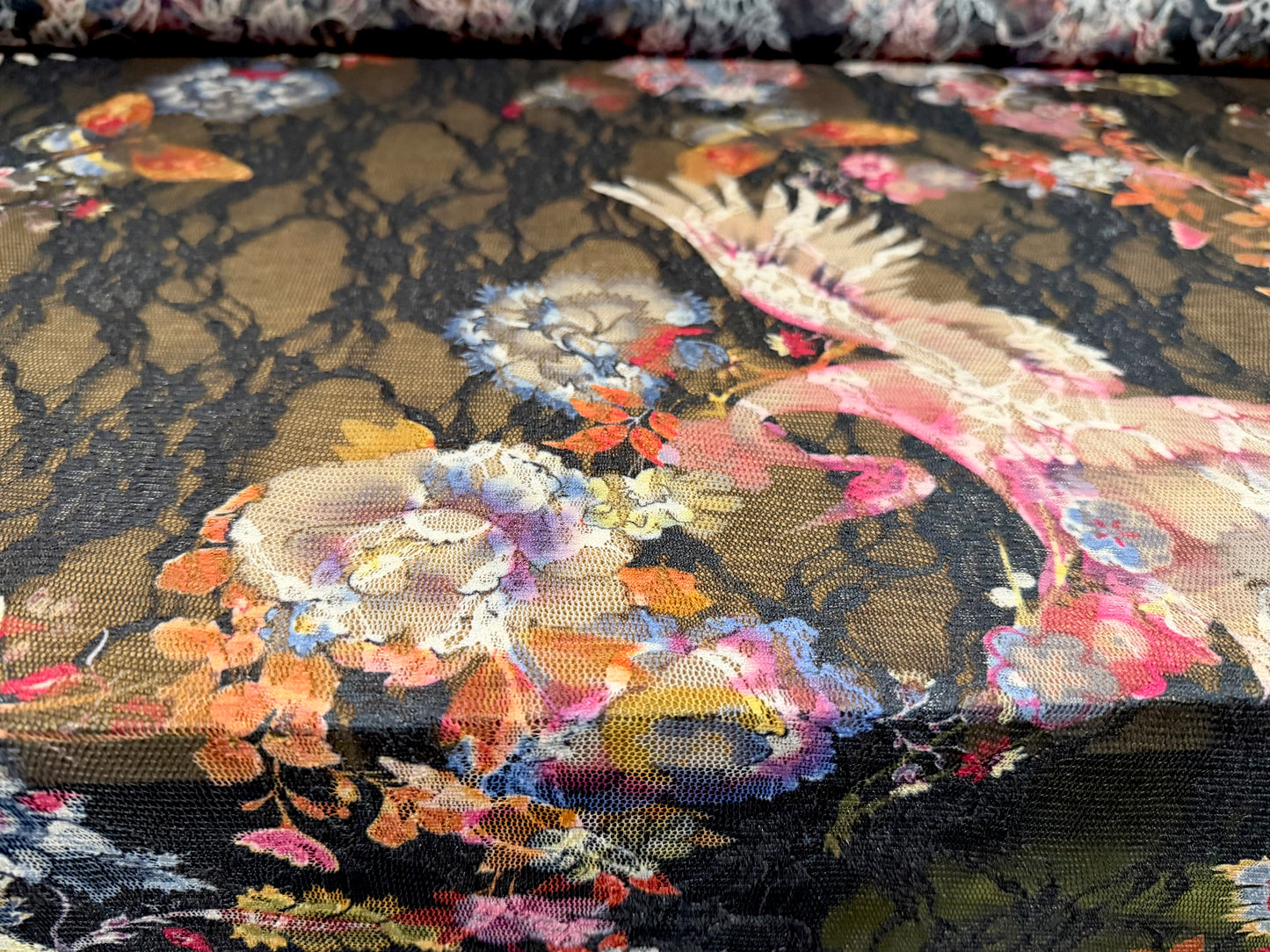 Stretch spandex mesh lace fabric, per metre - Chinoiserie print - black
