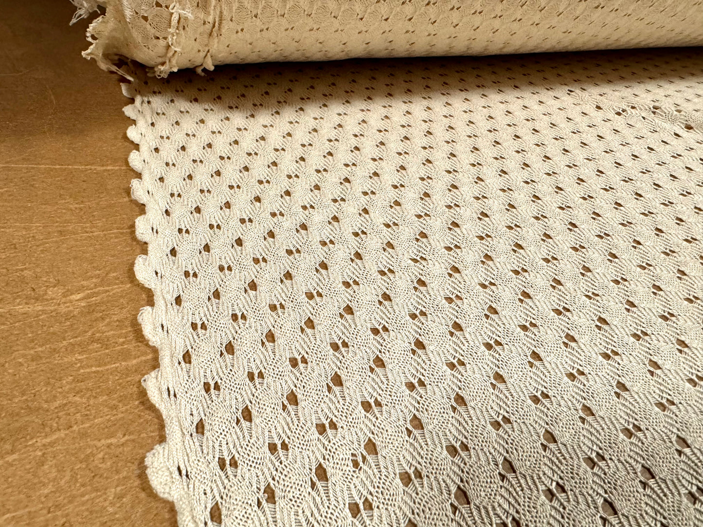 Crochet knit lace dress fabric, per metre - scalloped selvedge - cream