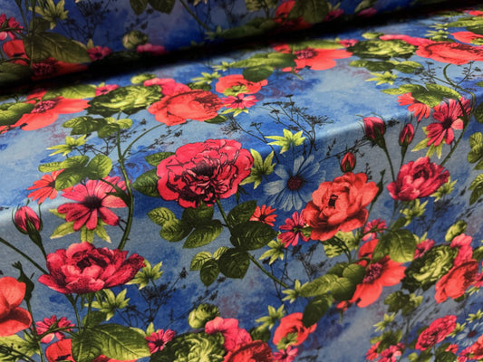 Stretch spandex interlock jersey fabric, per metre - rose floral print - blue & pink