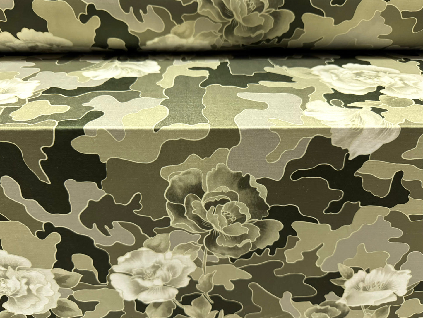 Soft touch stretch spandex single jersey fabric, per metre - camouflage rose print - khaki & sage green