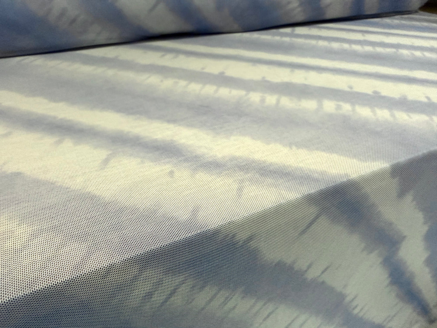 Power mesh net stretch spandex fabric, per metre - diagonal stripe print - Sky blue