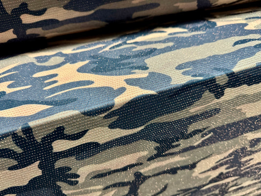 Metallic slinky spandex stretch jersey fabric with gold lurex, per metre - camouflage print - nude sage & grey