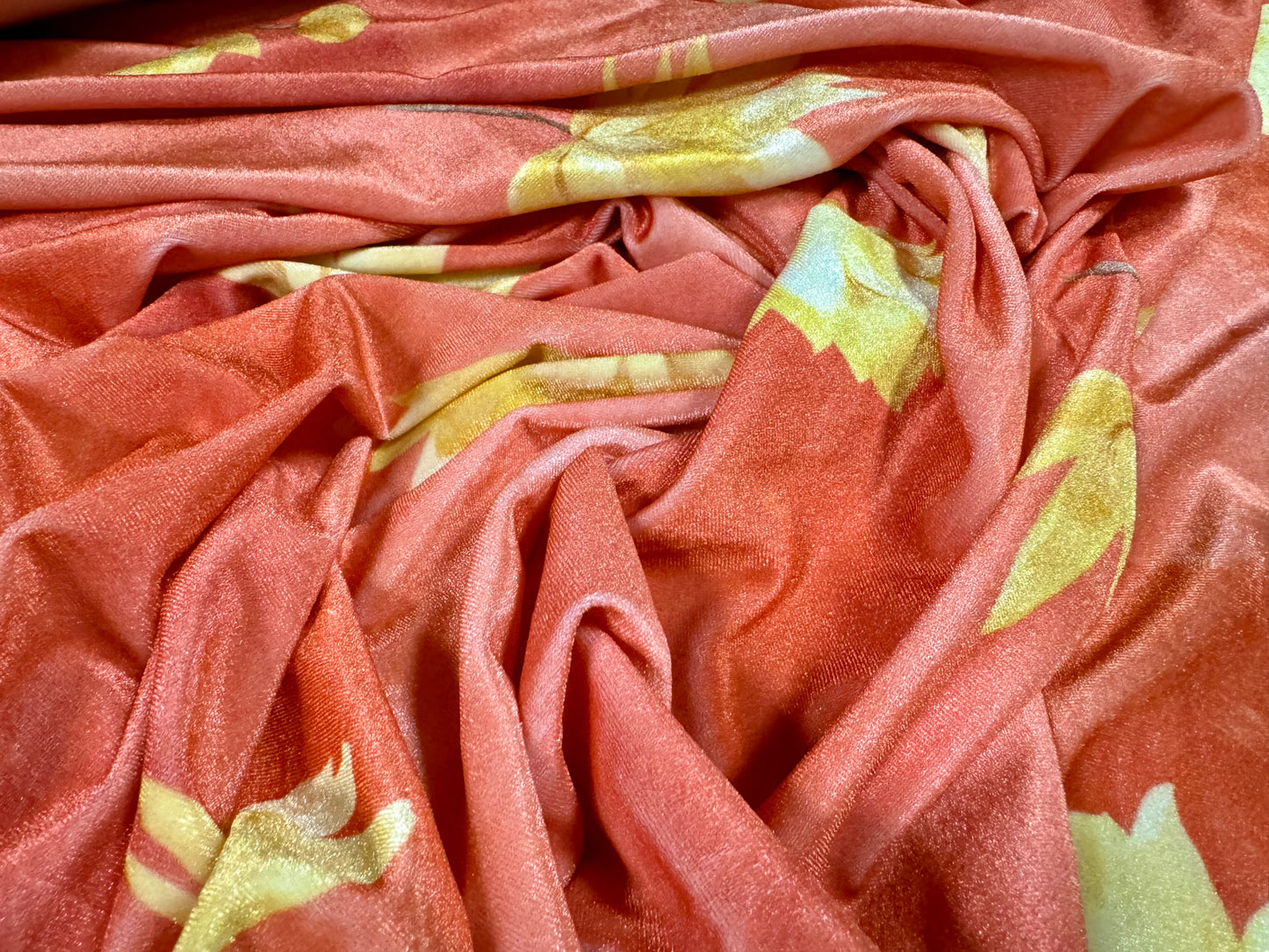 Spandex velvet stretch dress fabric, per mere - lotus flower print - coral & yellow