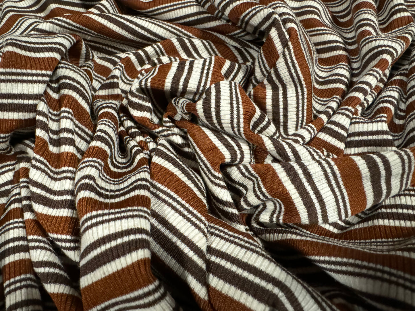 Stretch Spandex rib jersey fabric, per metre - stripe - chestnut brown & cream