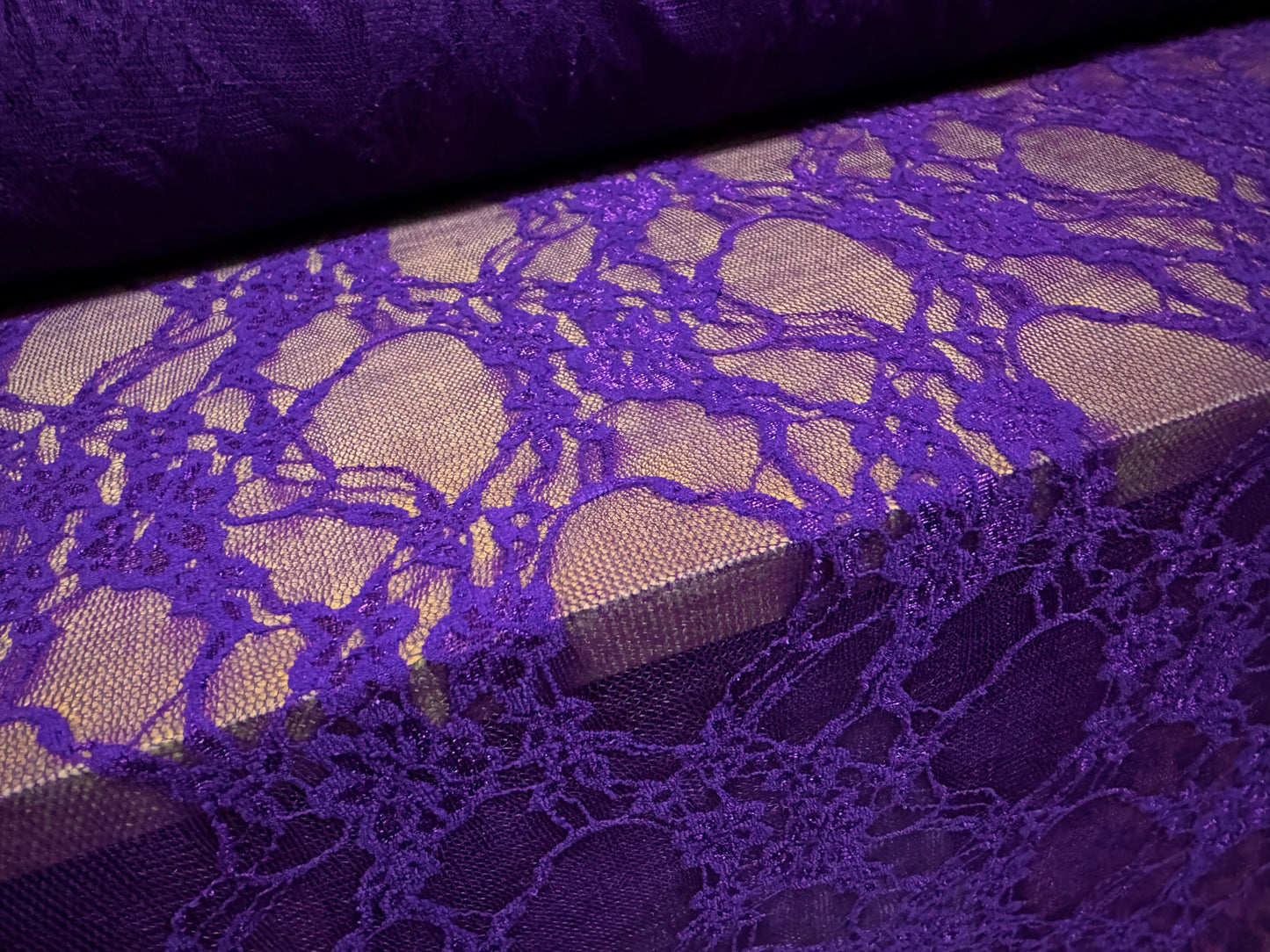 Stretch spandex mesh lace net fabric, per metre - floral pattern - royal purple