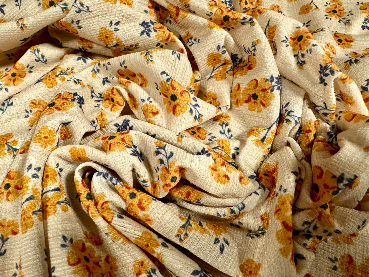 Stretch cheesecloth dress fabric, per metre - ditsy flower print - cream mustard & blue