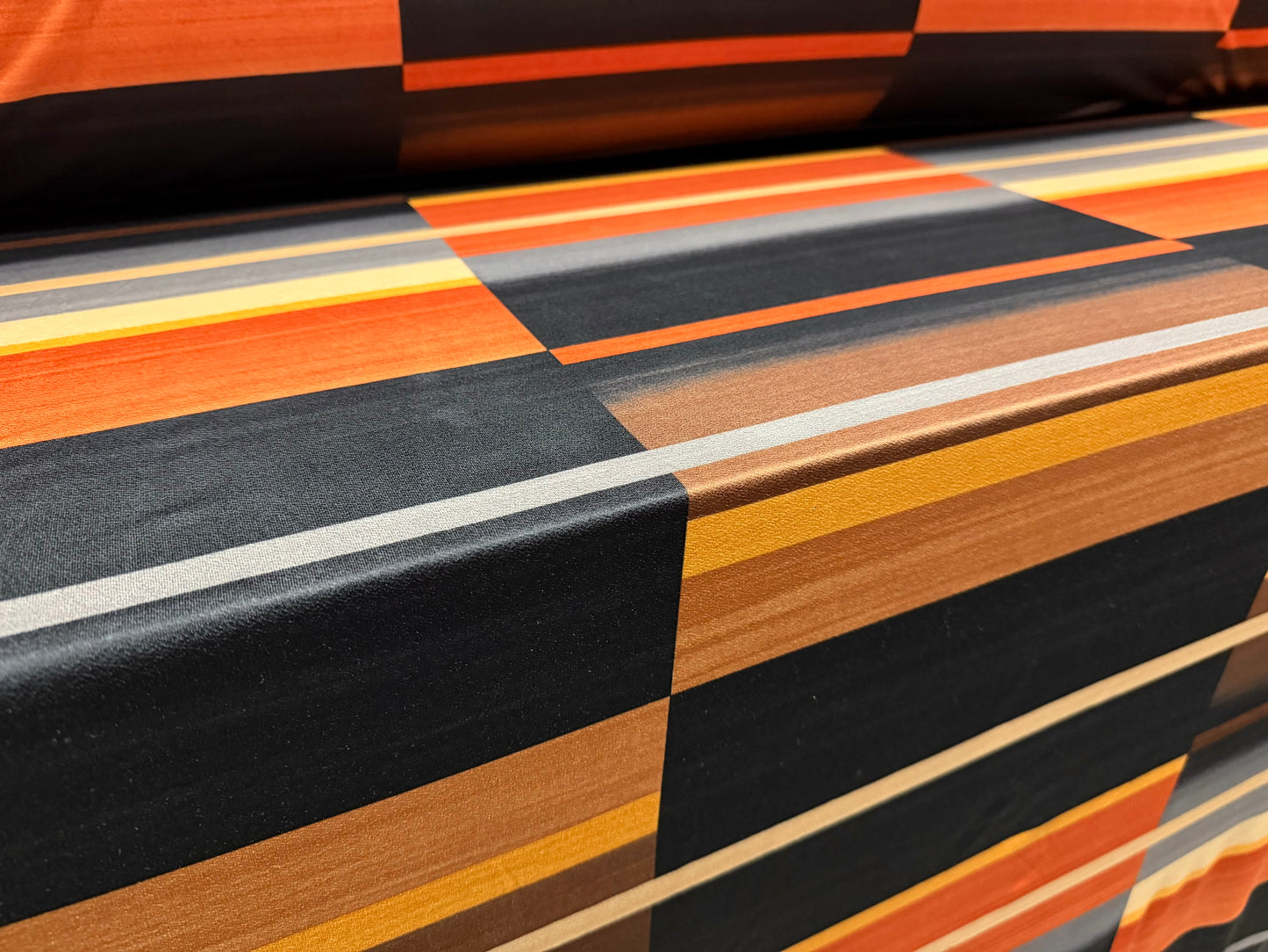 Stretch spandex crepe single jersey dress fabric, per metre - Mondrian geometric print - orange gold & beige