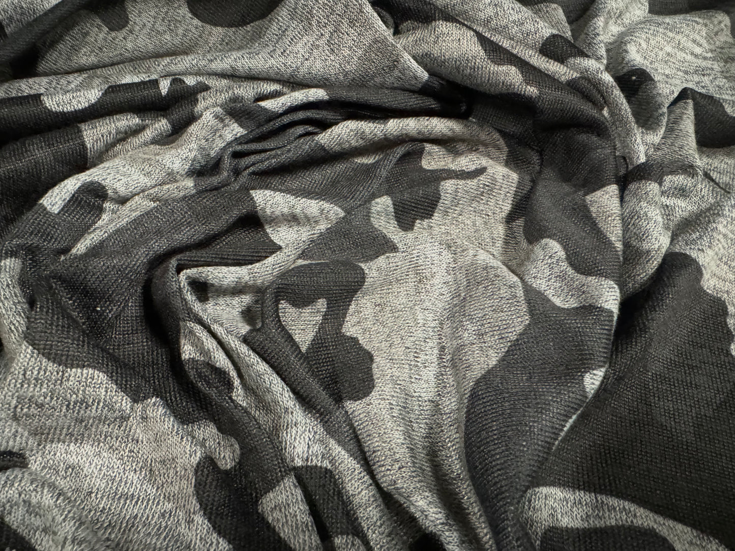 Melange jersey knit fashion fabric, per metre - camouflage print - grey marl